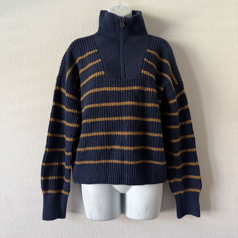 Faherty Mariner Sweater Women S Navy Gold Stripe Quarter Zip Coastal Preppy Fall